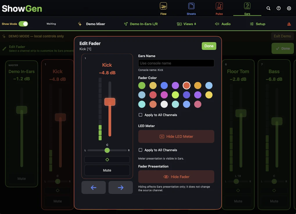 ShowGen Ears personal monitor channel editor
