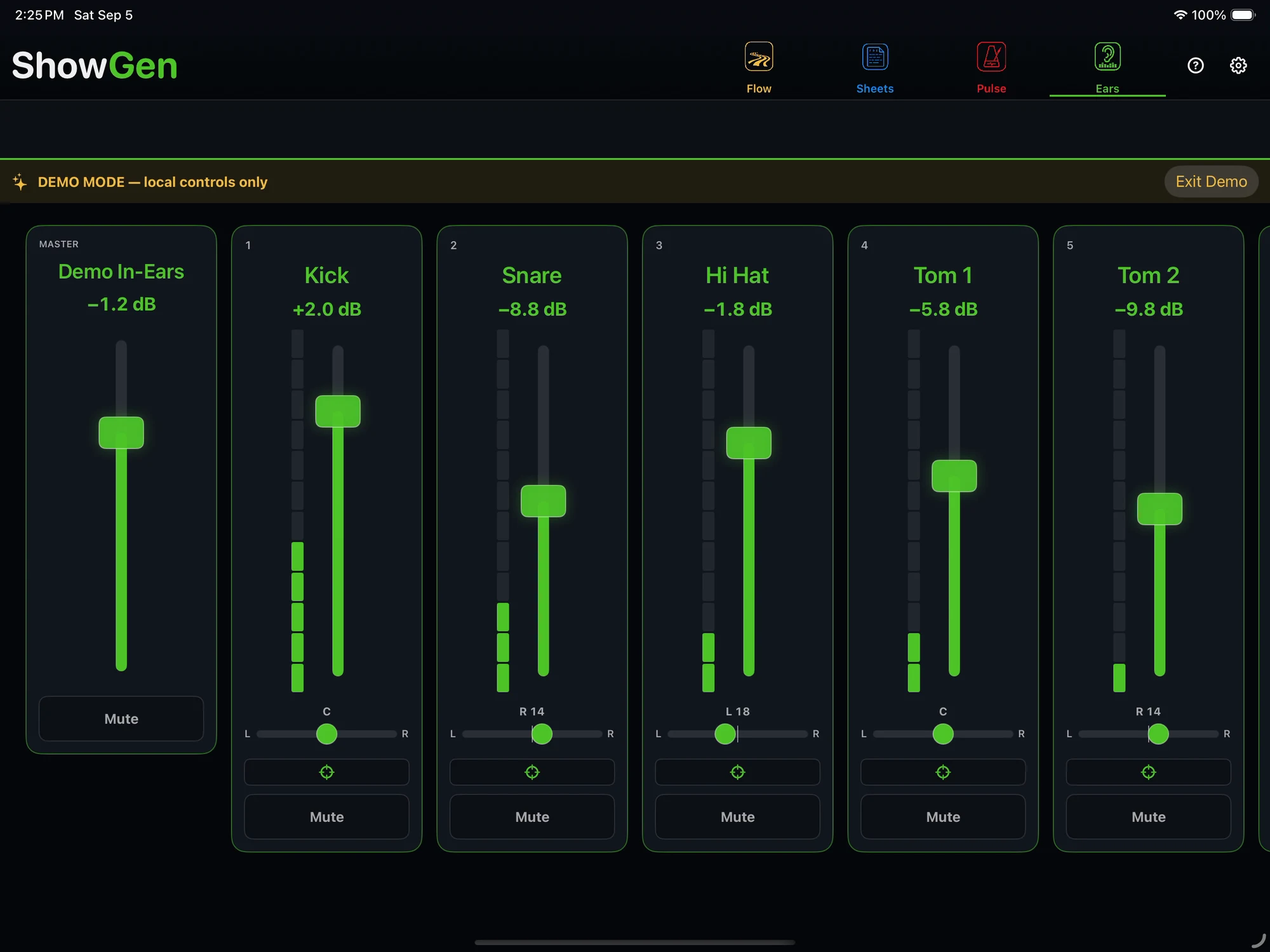 Ears in Demo Mode showing personal monitor faders and active simulated meters; local controls only