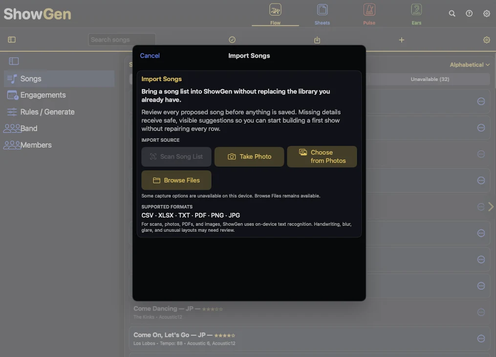 ShowGen Flow import songs dialog