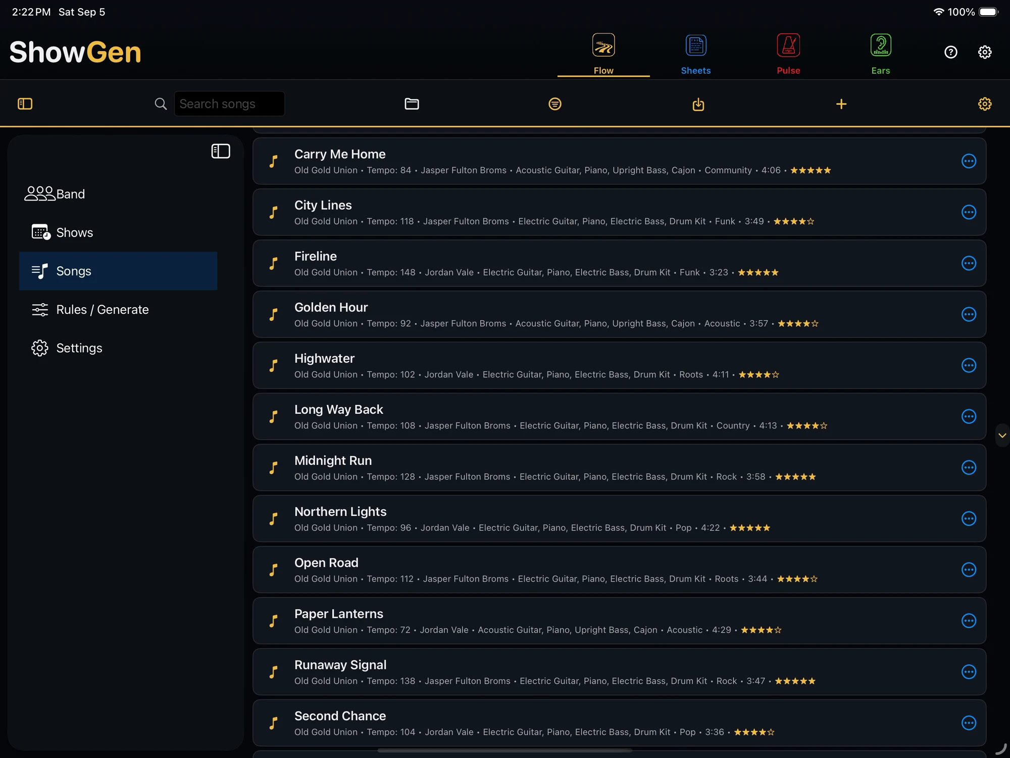 Flow Songs view with the fictional Old Gold Union library and Band, Shows, Songs and Rules / Generate navigation