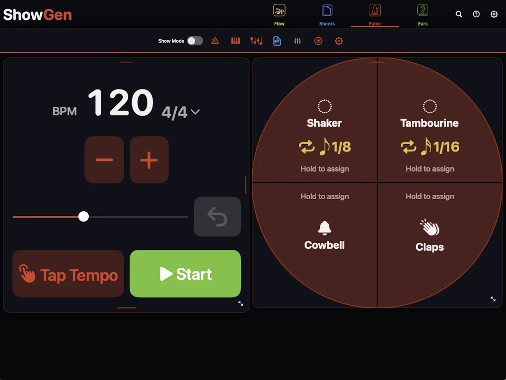 ShowGen Pulse tempo and performance controls