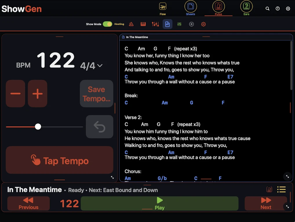 ShowGen Pulse chart and tempo controls
